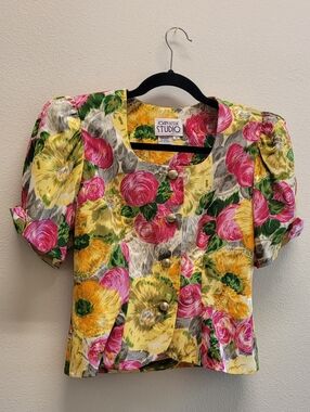 Vintange Joan Leslie Studio Bright Floral Silk Top - Yellow Pink Green